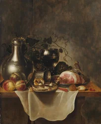 Nature morte avec cruche en étain, coupe roemer et jambon